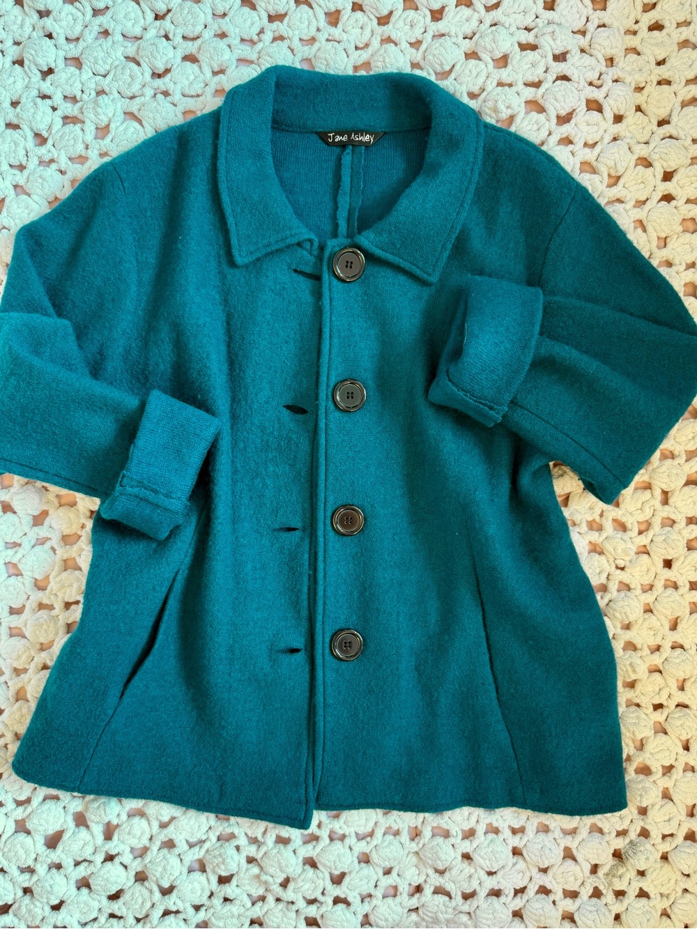 Y2K vtg Jane Ashley Teal Wool Blend pea coat style sweater